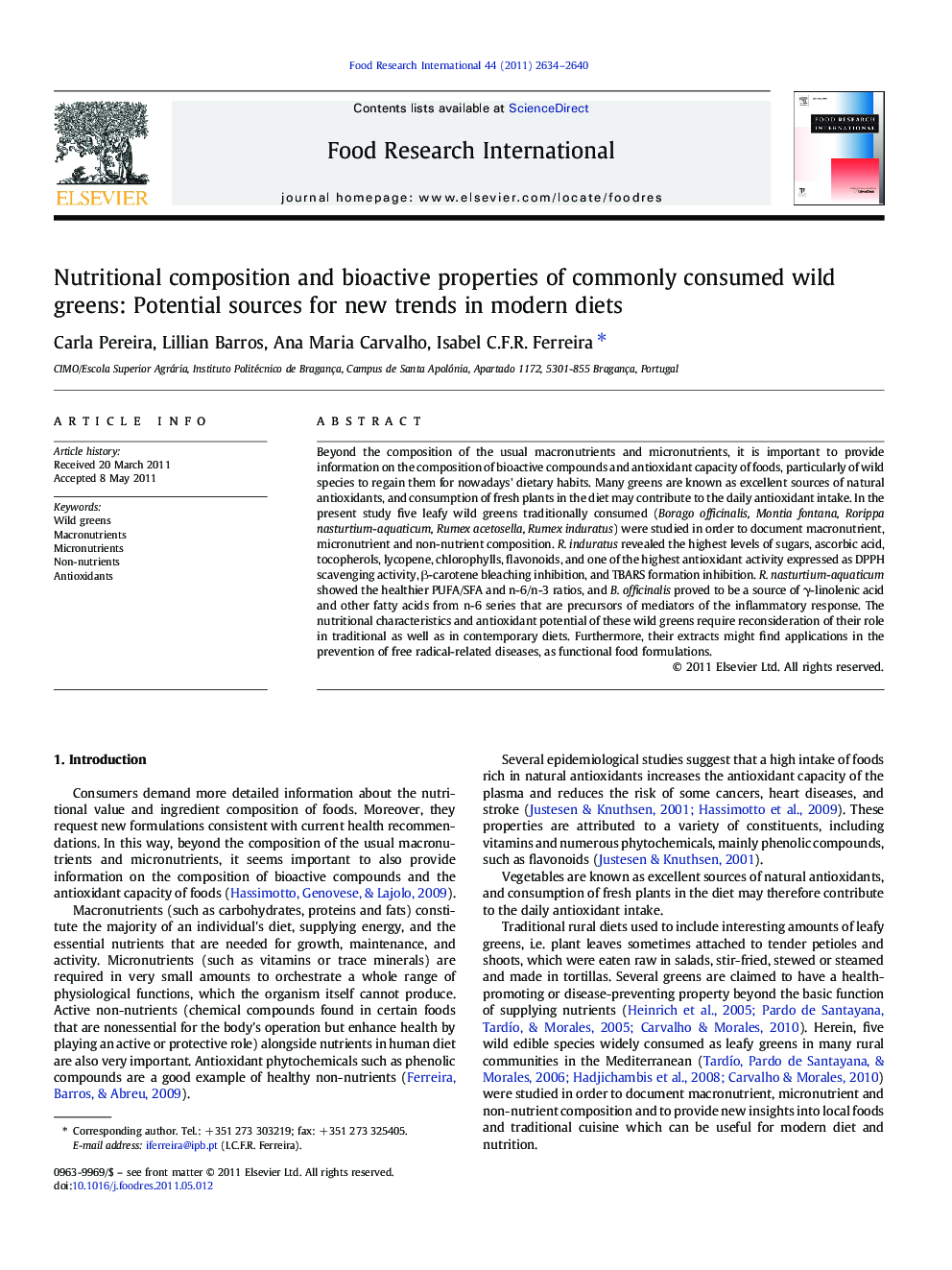 Nutritional composition and bioactive properties of commonly consumed wild greens: Potential sources for new trends in modern diets