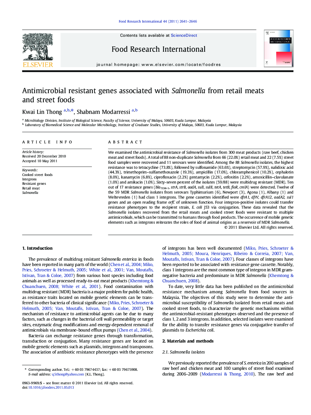 Antimicrobial resistant genes associated with Salmonella from retail meats and street foods