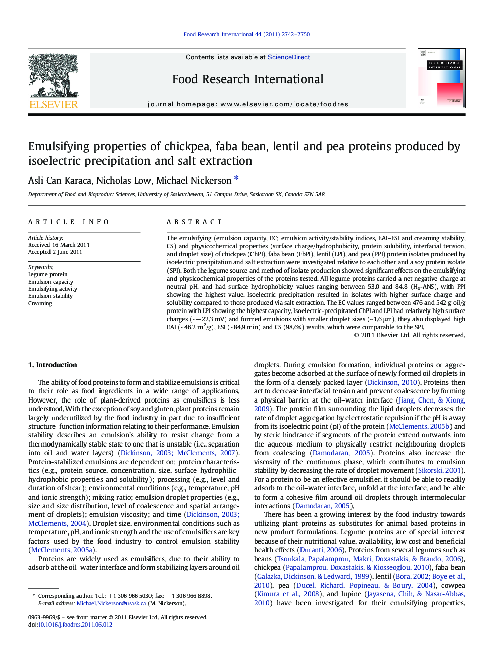 Emulsifying properties of chickpea, faba bean, lentil and pea proteins produced by isoelectric precipitation and salt extraction