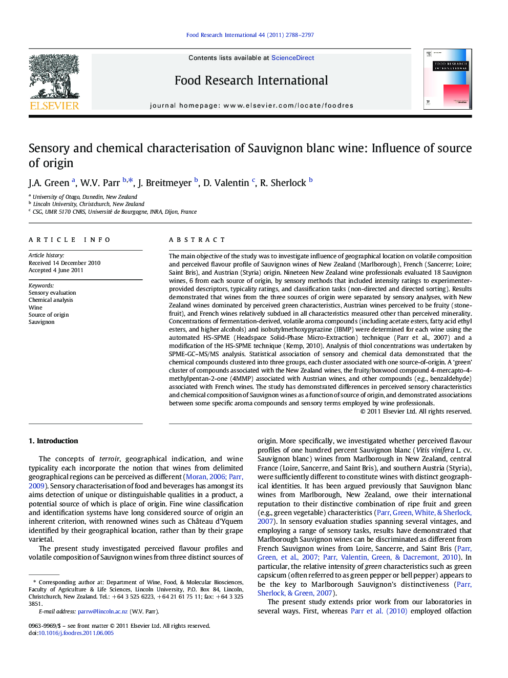 Sensory and chemical characterisation of Sauvignon blanc wine: Influence of source of origin