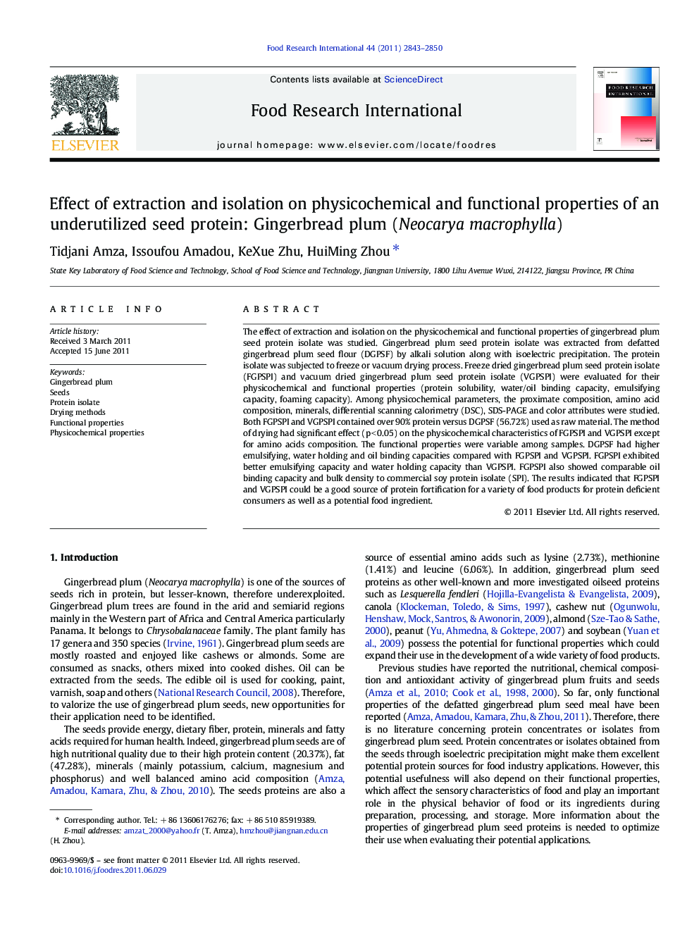 Effect of extraction and isolation on physicochemical and functional properties of an underutilized seed protein: Gingerbread plum (Neocarya macrophylla)