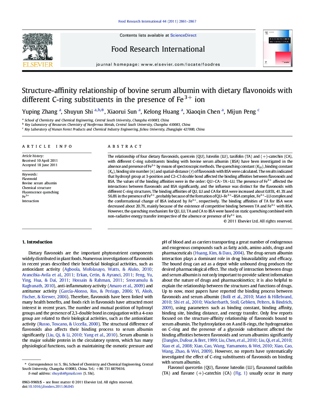 Structure-affinity relationship of bovine serum albumin with dietary flavonoids with different C-ring substituents in the presence of Fe3+ ion