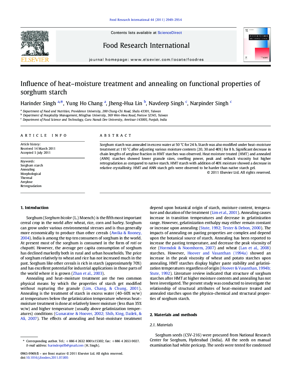 Influence of heat–moisture treatment and annealing on functional properties of sorghum starch