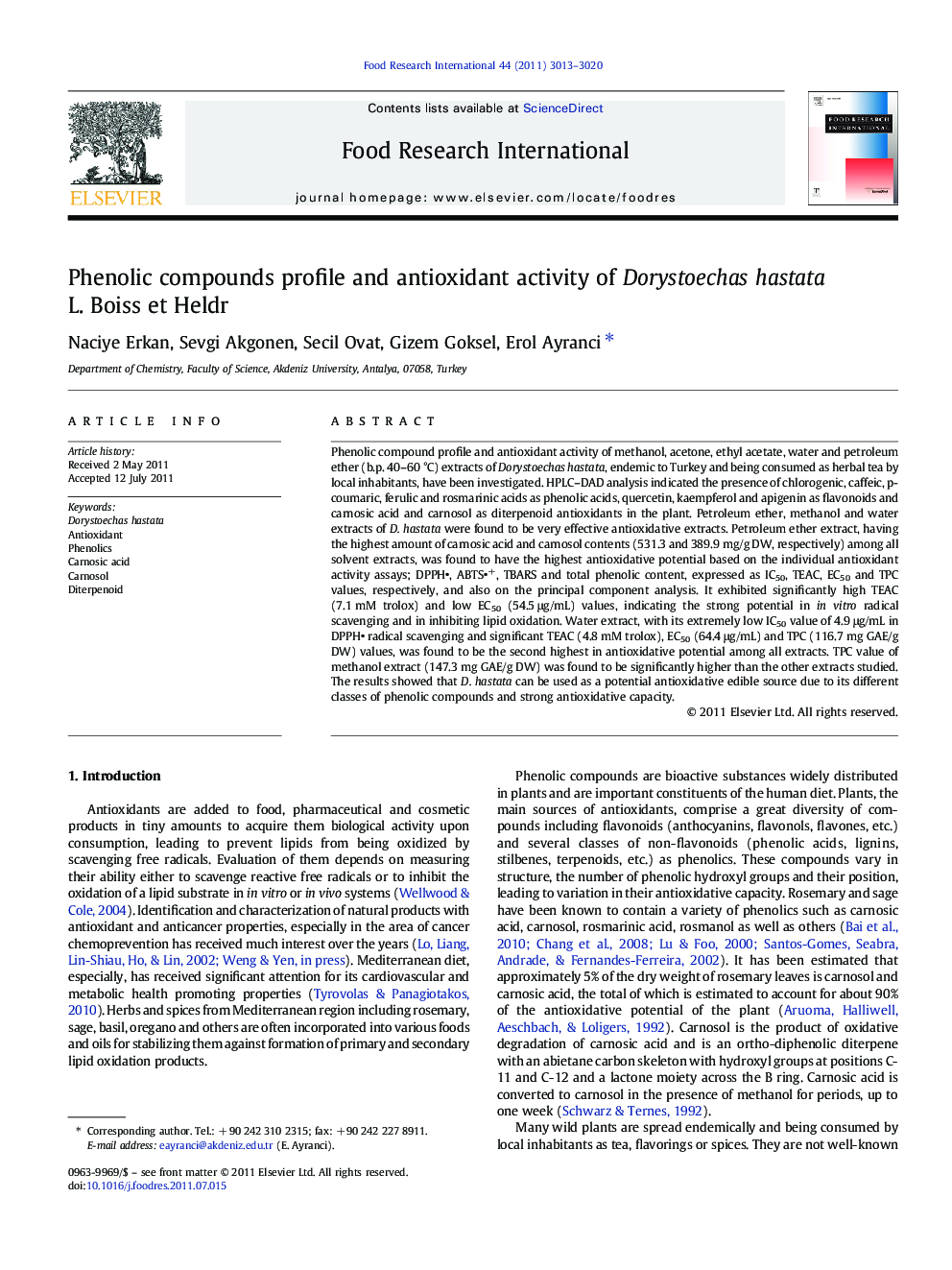 Phenolic compounds profile and antioxidant activity of Dorystoechas hastata L. Boiss et Heldr
