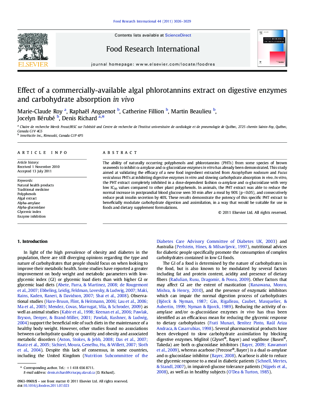 Effect of a commercially-available algal phlorotannins extract on digestive enzymes and carbohydrate absorption in vivo