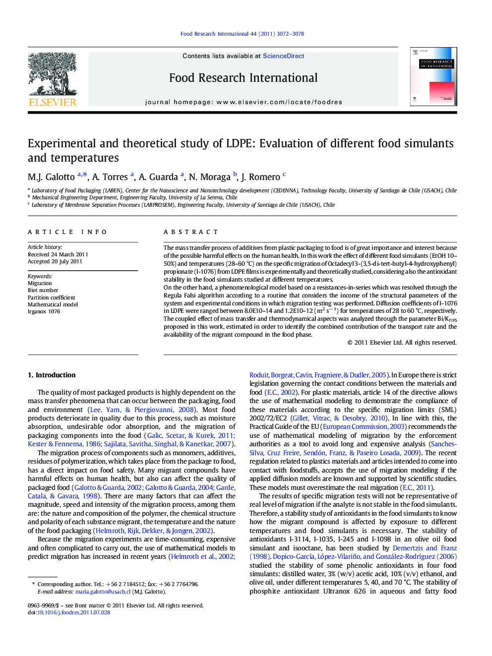 Experimental and theoretical study of LDPE: Evaluation of different food simulants and temperatures