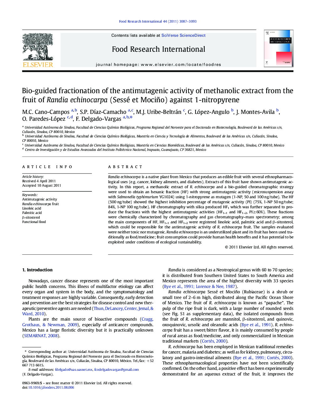 Bio-guided fractionation of the antimutagenic activity of methanolic extract from the fruit of Randia echinocarpa (Sessé et Mociño) against 1-nitropyrene