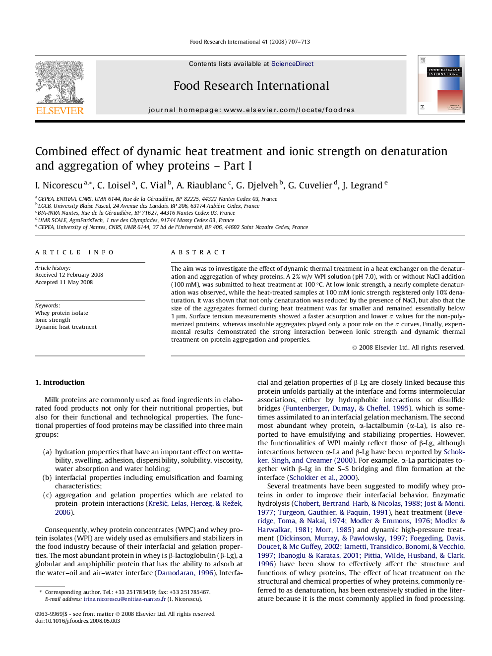 Combined effect of dynamic heat treatment and ionic strength on denaturation and aggregation of whey proteins – Part I