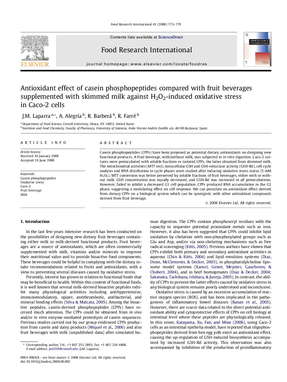 Antioxidant effect of casein phosphopeptides compared with fruit beverages supplemented with skimmed milk against H2O2-induced oxidative stress in Caco-2 cells