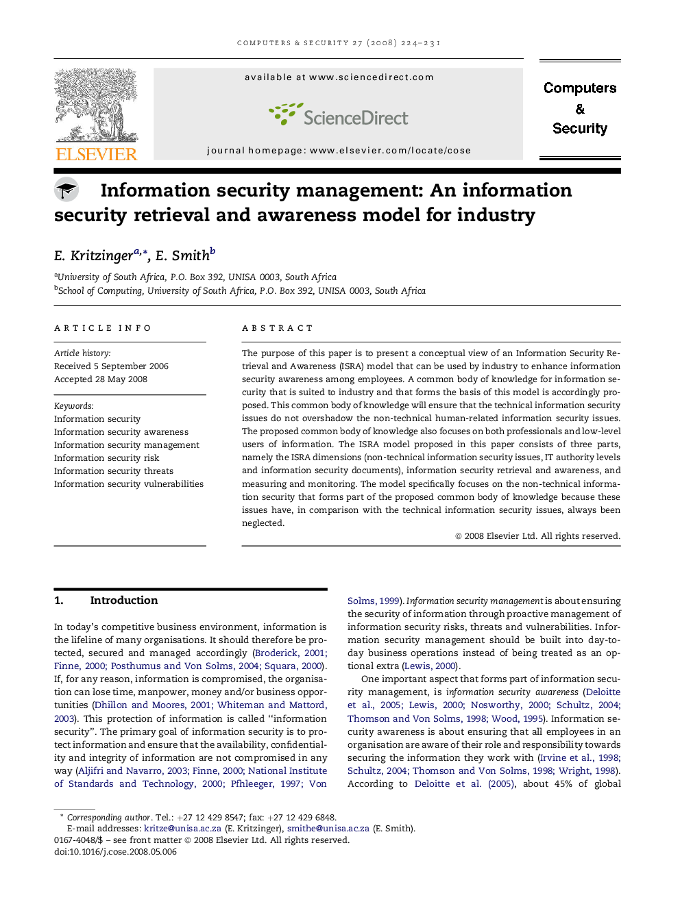 Information security management: An information security retrieval and awareness model for industry