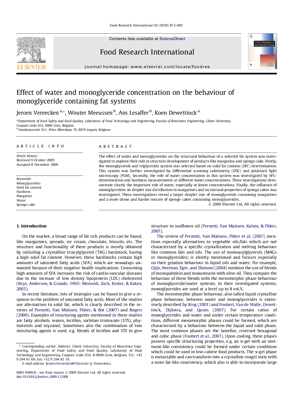 Effect of water and monoglyceride concentration on the behaviour of monoglyceride containing fat systems