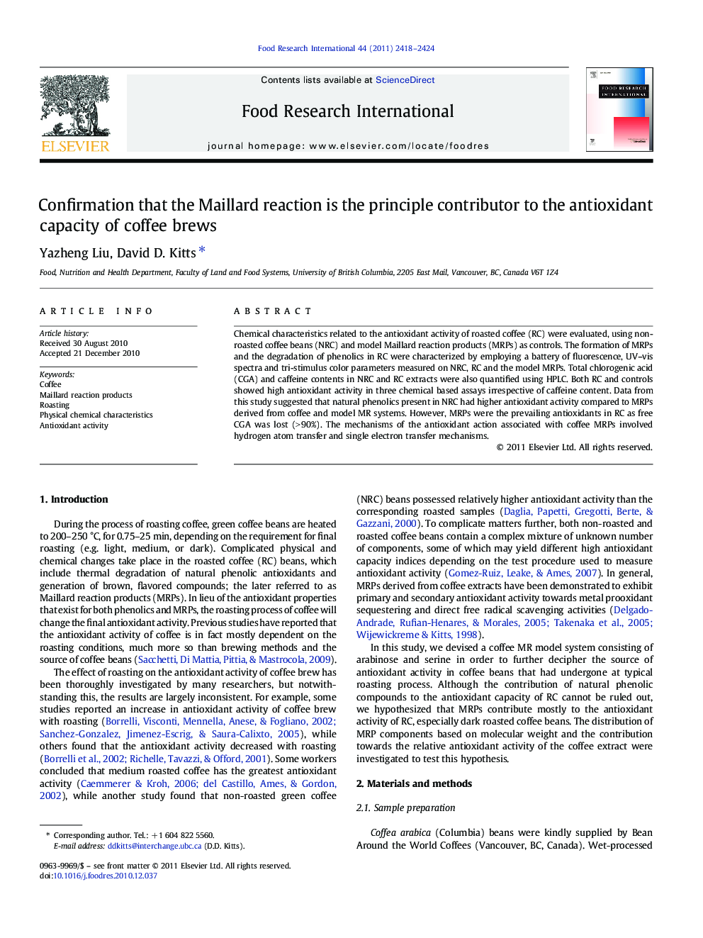 Confirmation that the Maillard reaction is the principle contributor to the antioxidant capacity of coffee brews