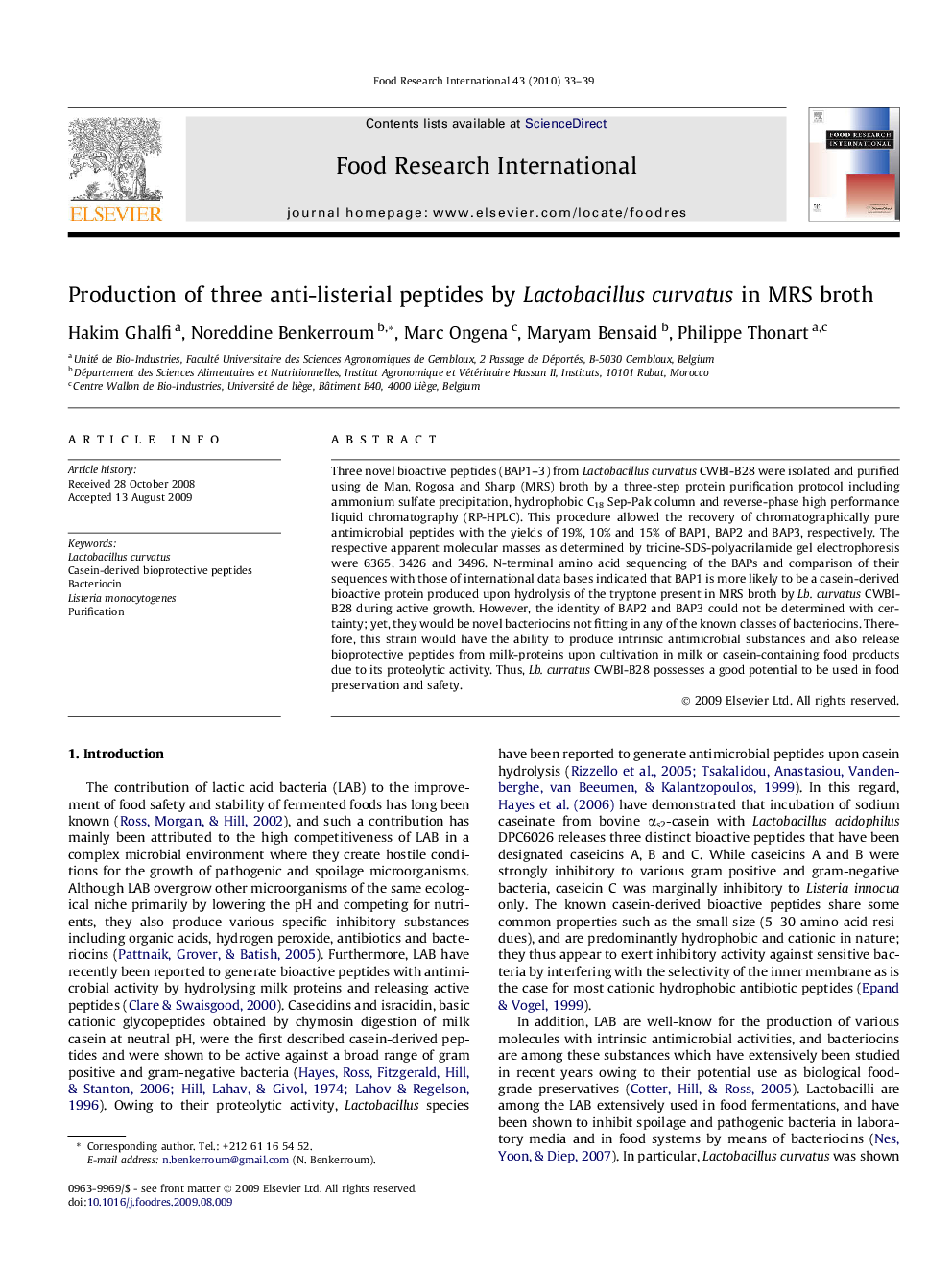 Production of three anti-listerial peptides by Lactobacillus curvatus in MRS broth