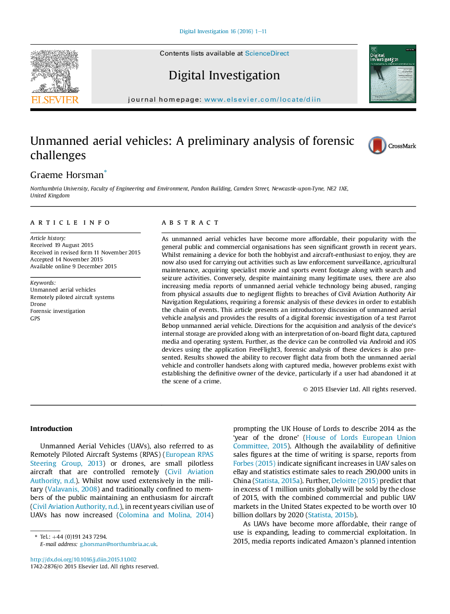 Unmanned aerial vehicles: A preliminary analysis of forensic challenges