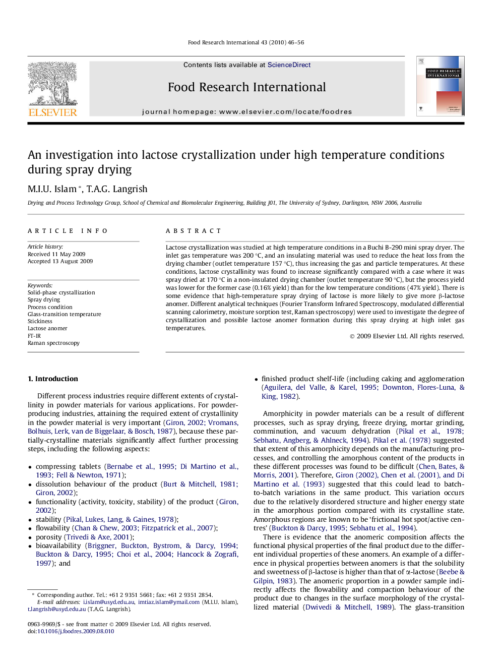 An investigation into lactose crystallization under high temperature conditions during spray drying