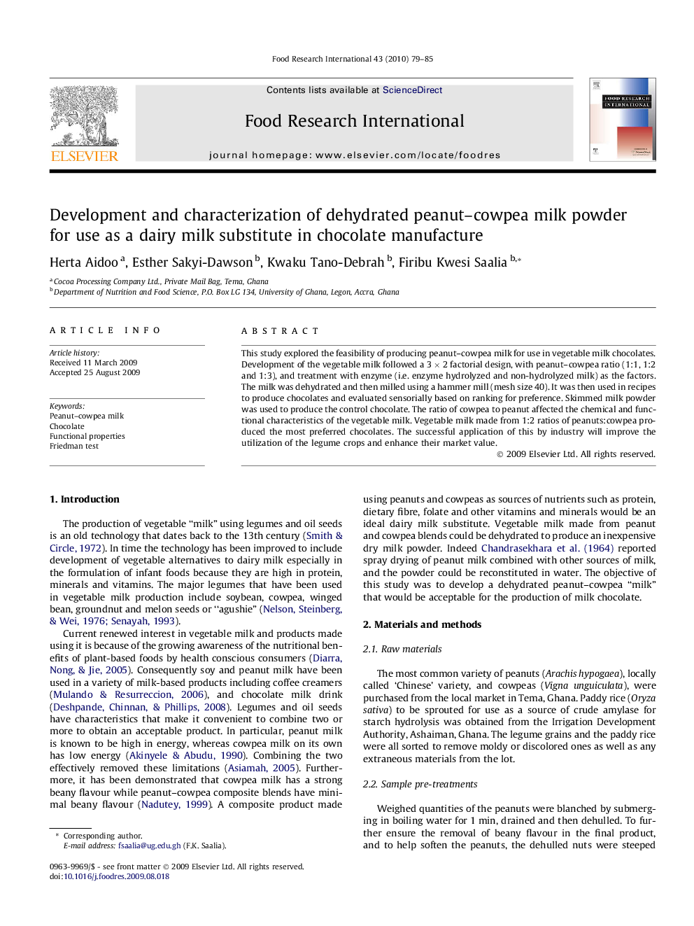 Development and characterization of dehydrated peanut–cowpea milk powder for use as a dairy milk substitute in chocolate manufacture