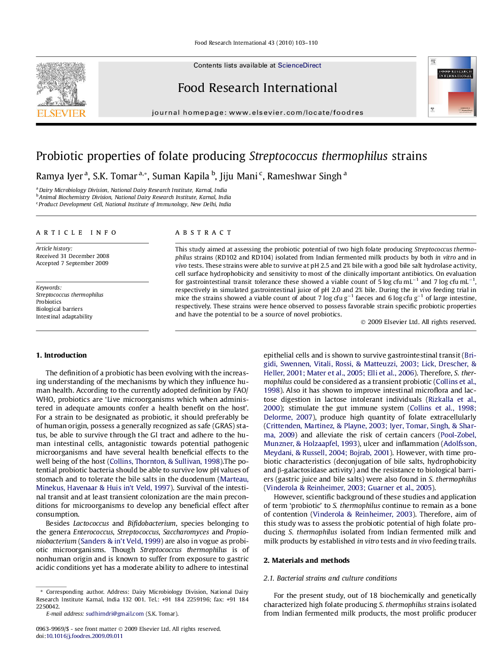 Probiotic properties of folate producing Streptococcus thermophilus strains