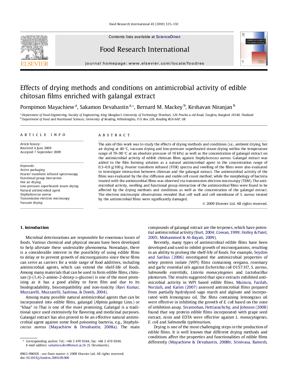 Effects of drying methods and conditions on antimicrobial activity of edible chitosan films enriched with galangal extract