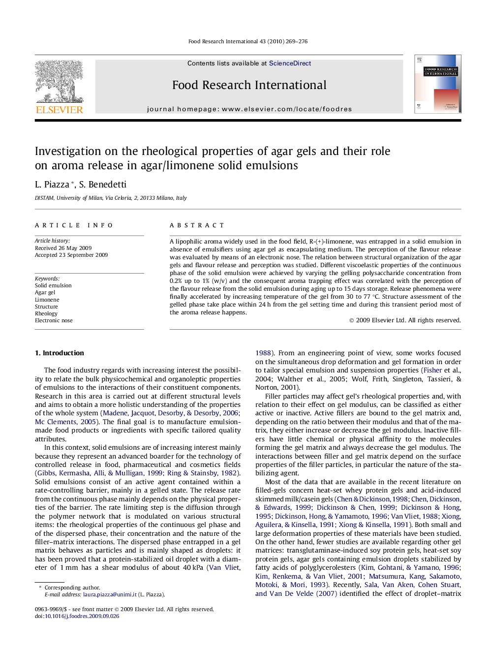 Investigation on the rheological properties of agar gels and their role on aroma release in agar/limonene solid emulsions