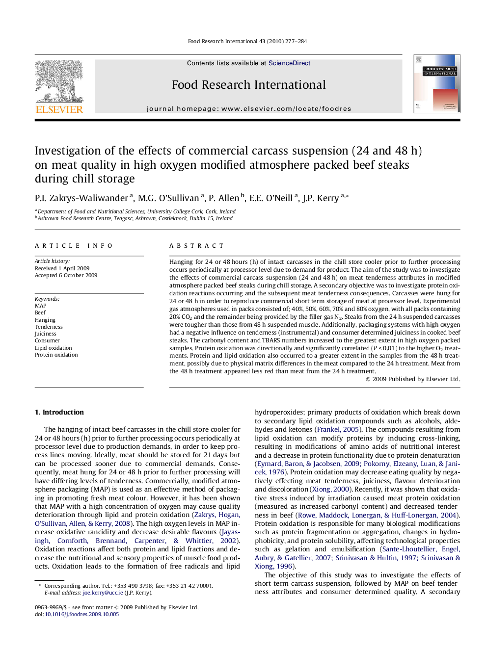 Investigation of the effects of commercial carcass suspension (24 and 48 h) on meat quality in high oxygen modified atmosphere packed beef steaks during chill storage