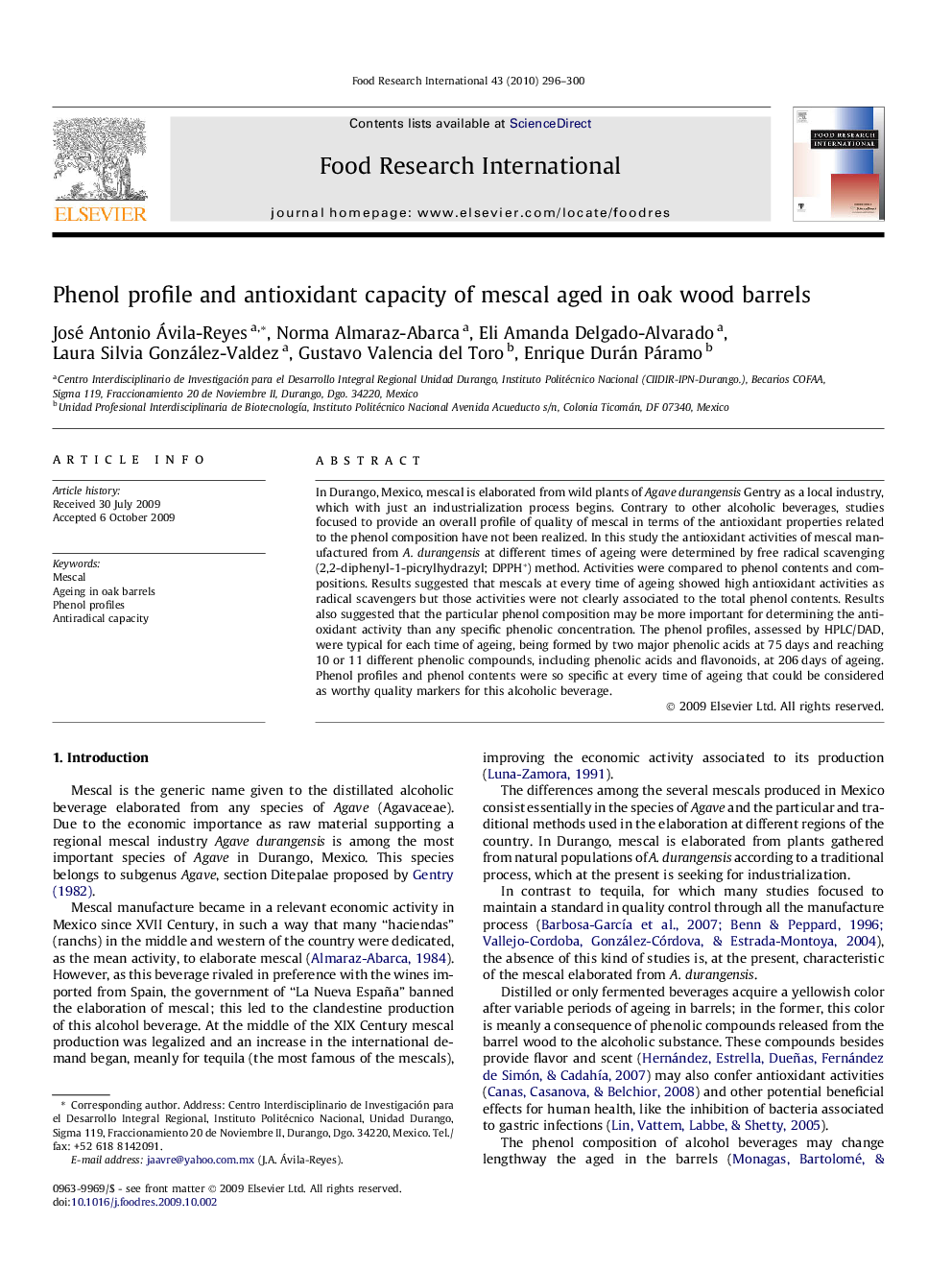 Phenol profile and antioxidant capacity of mescal aged in oak wood barrels