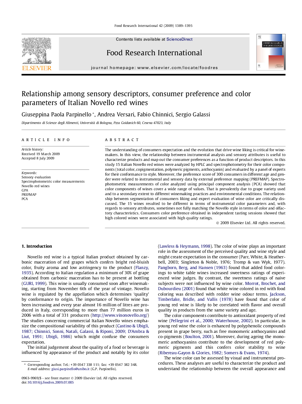 Relationship among sensory descriptors, consumer preference and color parameters of Italian Novello red wines