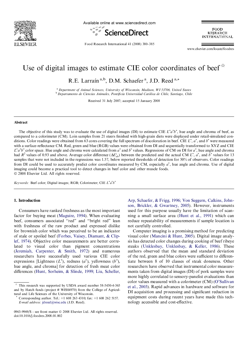 Use of digital images to estimate CIE color coordinates of beef 