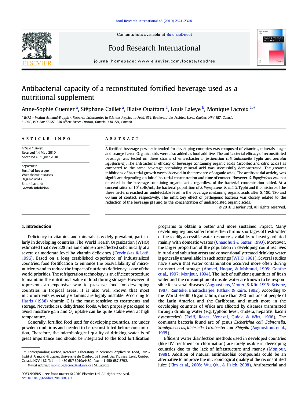 عکس صفحه اول مقاله: Antibacterial capacity of a reconstituted fortified beverage used as a nutritional supplement Antibacterial capacity of a reconstituted fortified beverage used as a nutritional supplement