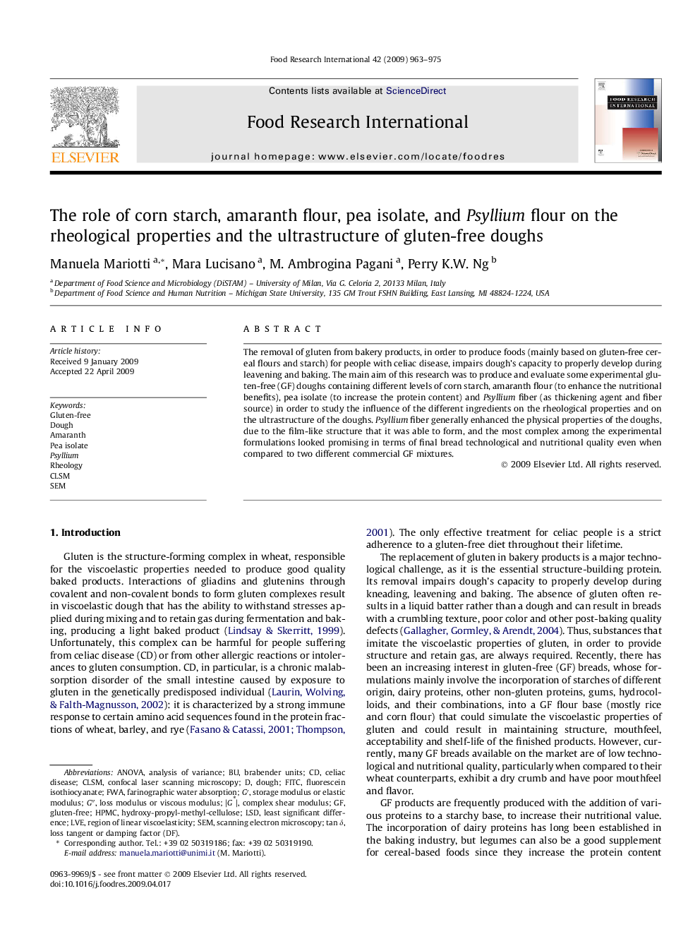 The role of corn starch, amaranth flour, pea isolate, and Psyllium flour on the rheological properties and the ultrastructure of gluten-free doughs