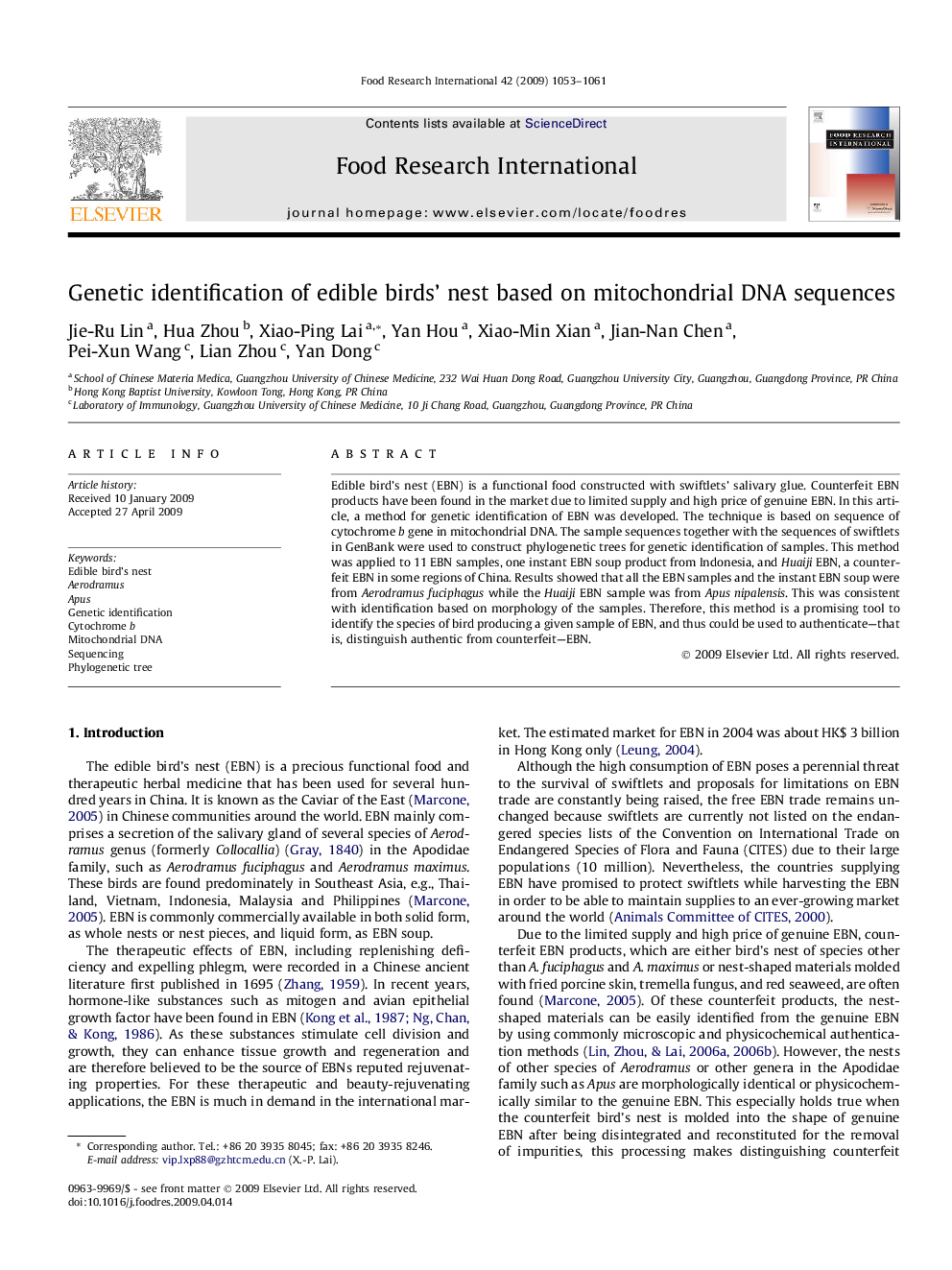 Genetic identification of edible birds’ nest based on mitochondrial DNA sequences