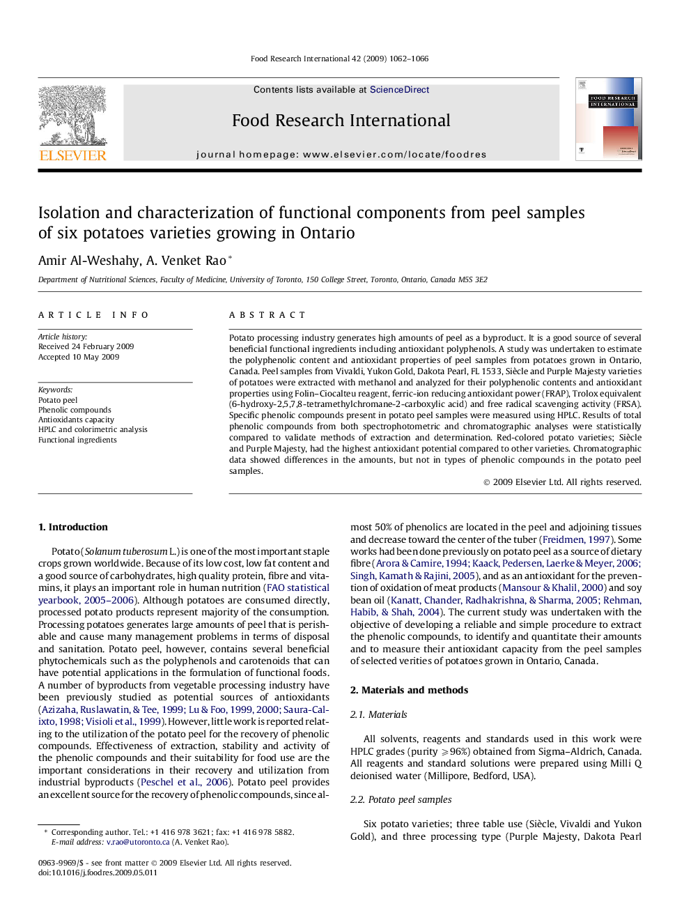 Isolation and characterization of functional components from peel samples of six potatoes varieties growing in Ontario