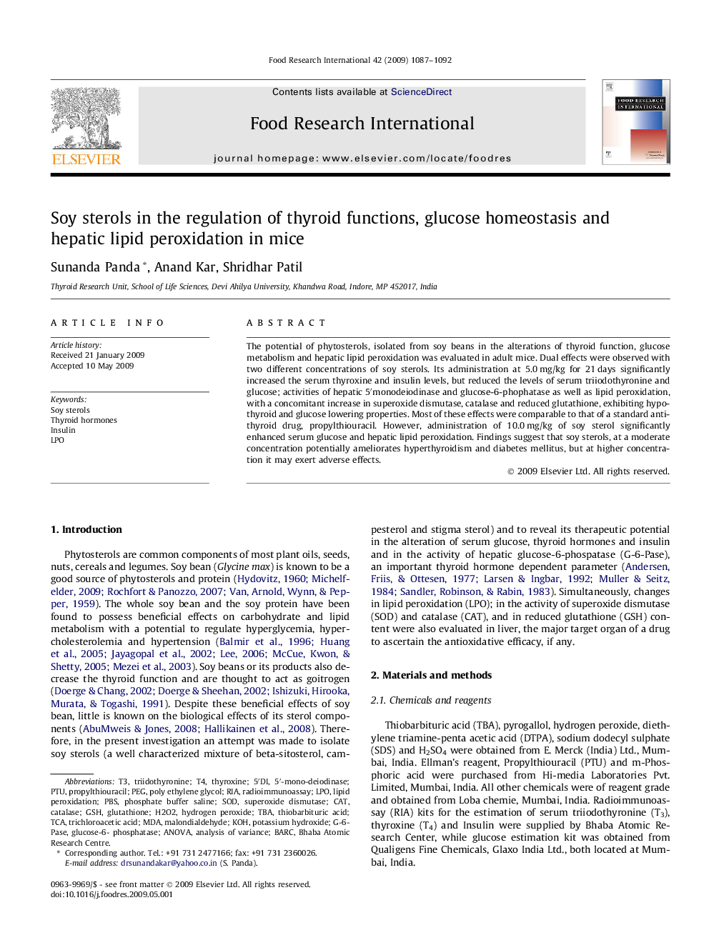 Soy sterols in the regulation of thyroid functions, glucose homeostasis and hepatic lipid peroxidation in mice