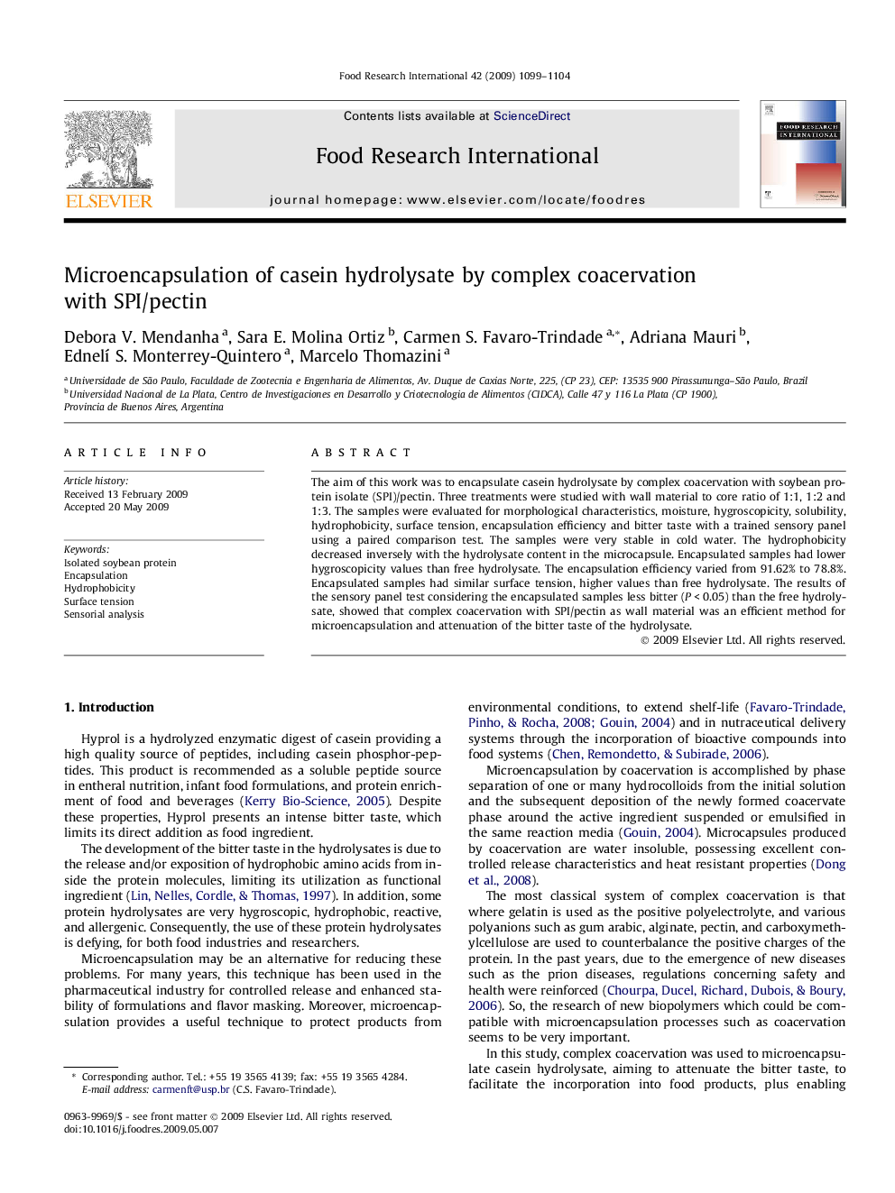 Microencapsulation of casein hydrolysate by complex coacervation with SPI/pectin