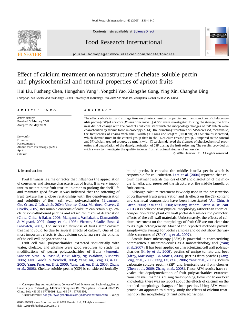 Effect of calcium treatment on nanostructure of chelate-soluble pectin and physicochemical and textural properties of apricot fruits