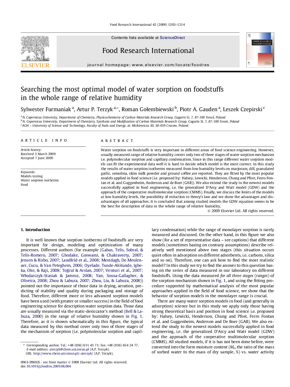 Searching the most optimal model of water sorption on foodstuffs in the whole range of relative humidity