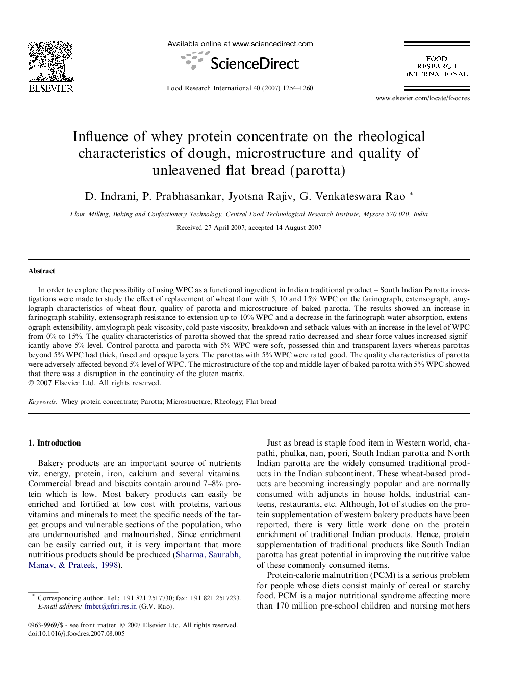 Influence of whey protein concentrate on the rheological characteristics of dough, microstructure and quality of unleavened flat bread (parotta)