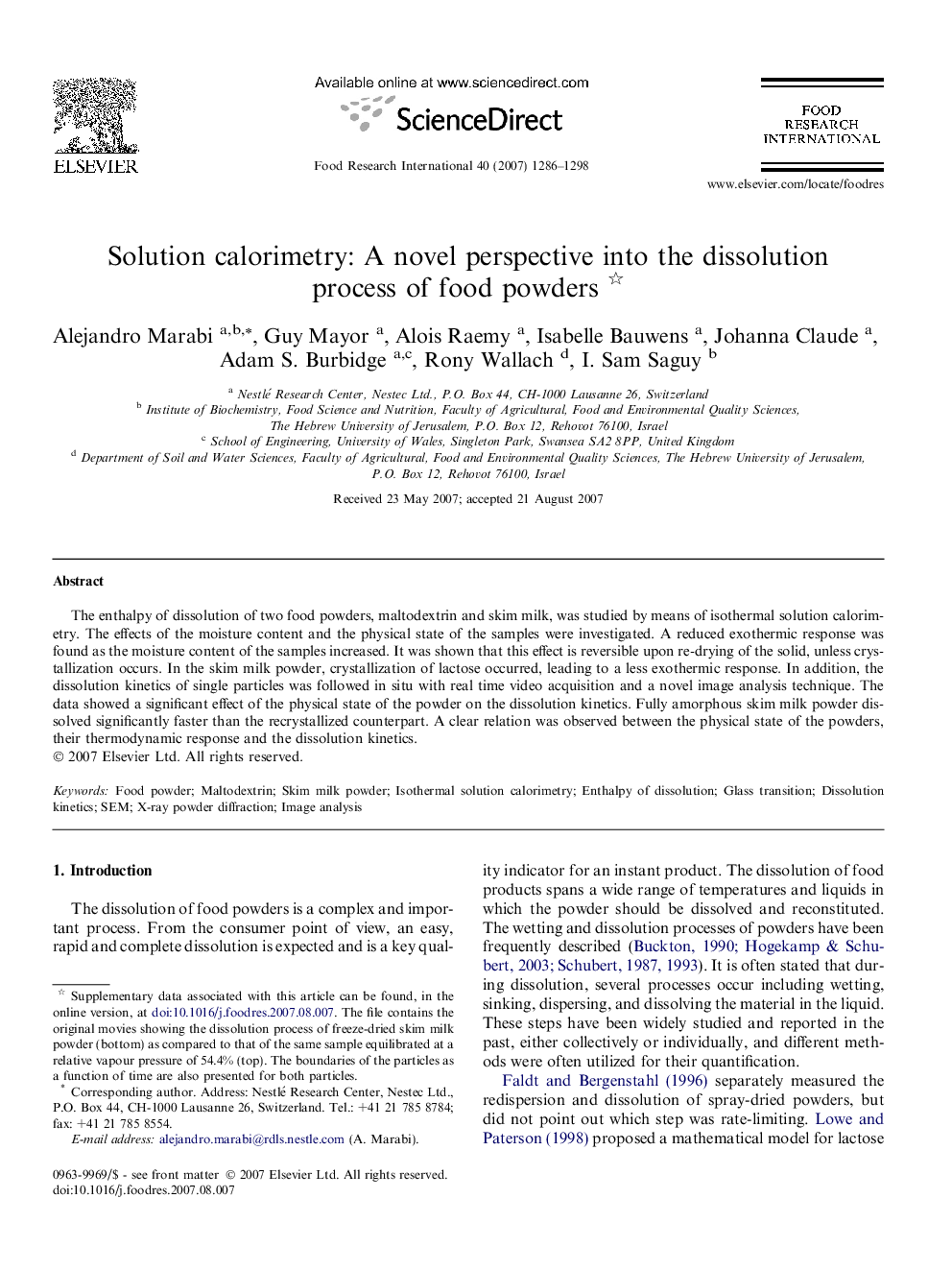 Solution calorimetry: A novel perspective into the dissolution process of food powders 