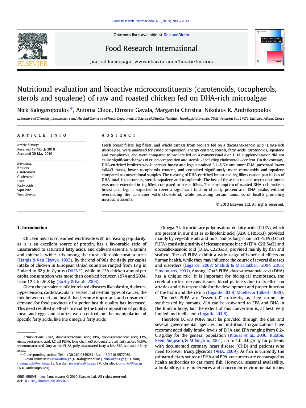 Nutritional evaluation and bioactive microconstituents (carotenoids, tocopherols, sterols and squalene) of raw and roasted chicken fed on DHA-rich microalgae