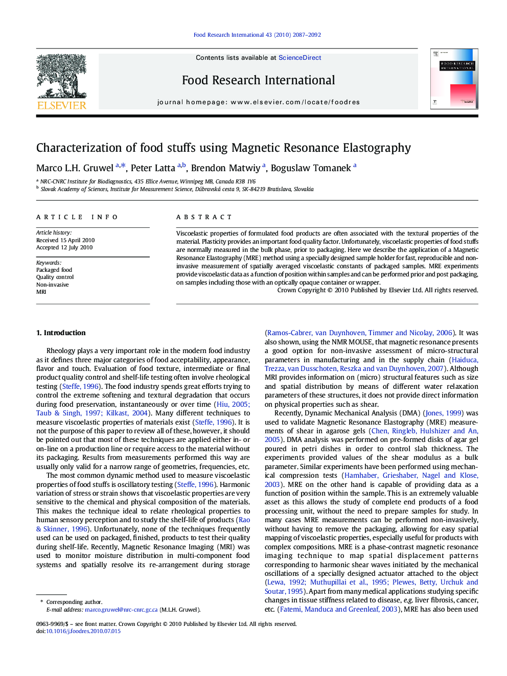 Characterization of food stuffs using Magnetic Resonance Elastography