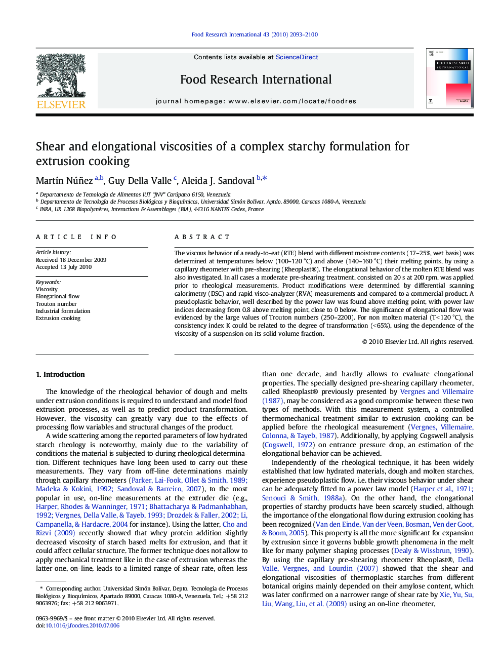 Shear and elongational viscosities of a complex starchy formulation for extrusion cooking