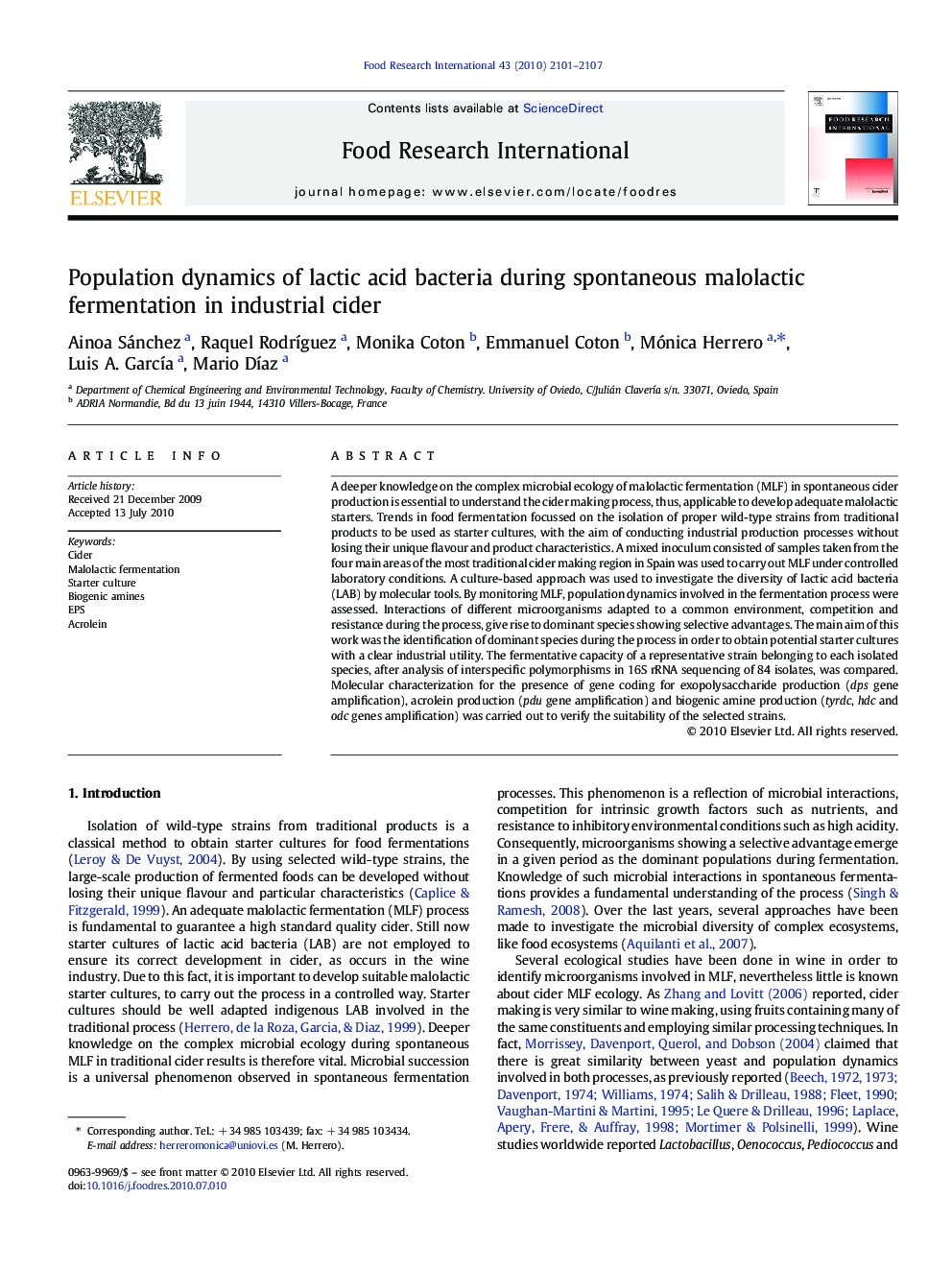 Population dynamics of lactic acid bacteria during spontaneous malolactic fermentation in industrial cider