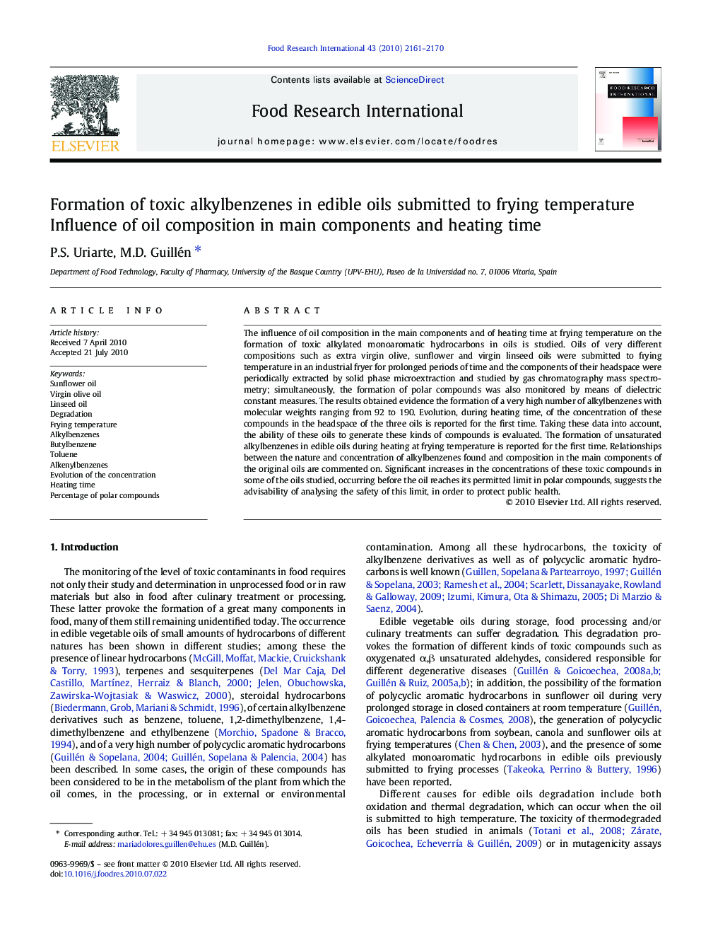 Formation of toxic alkylbenzenes in edible oils submitted to frying temperature: Influence of oil composition in main components and heating time