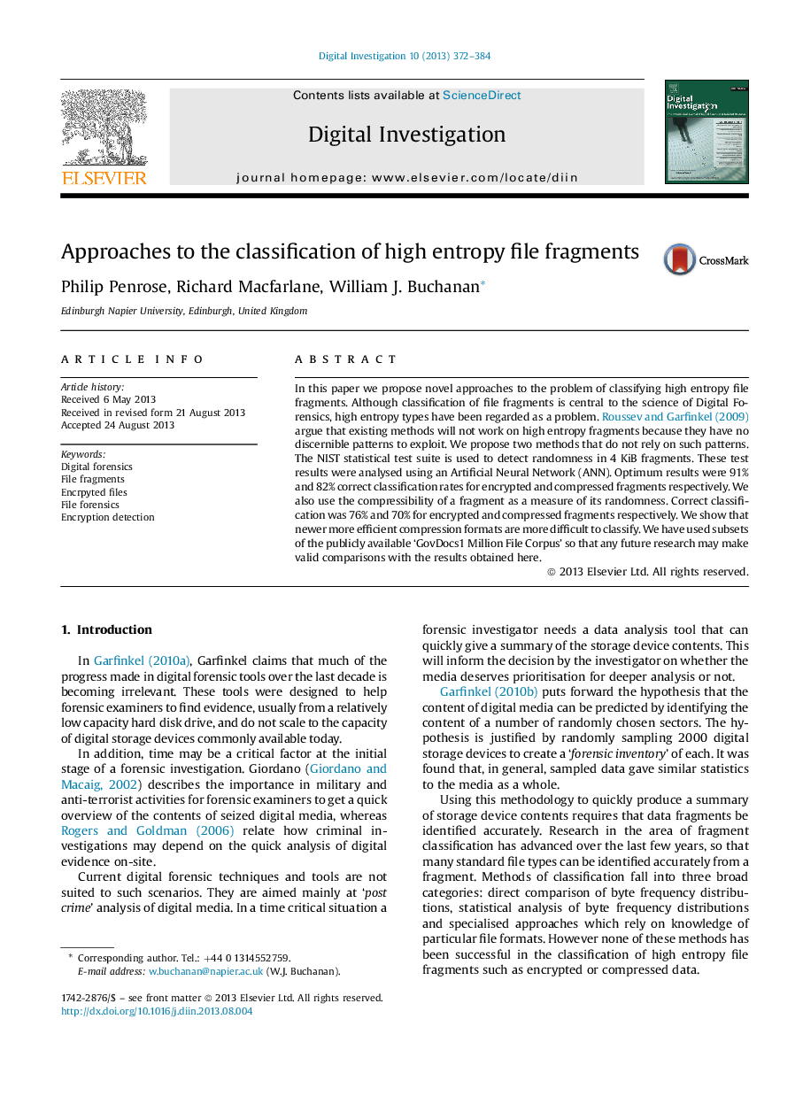عکس صفحه اول مقاله: Approaches to the classification of high entropy file fragments Approaches to the classification of high entropy file fragments