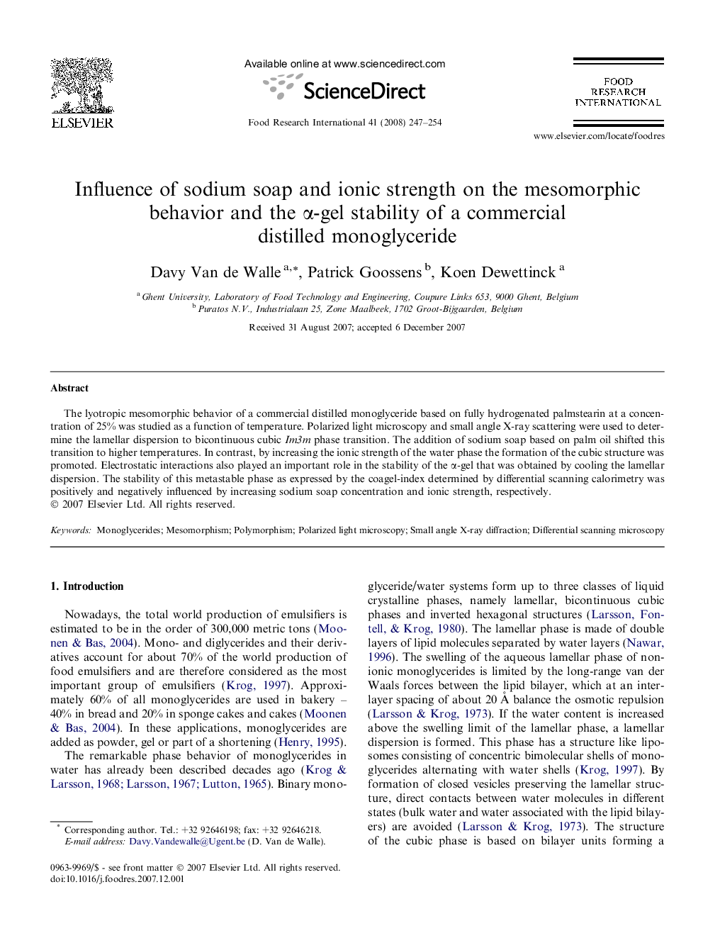 Influence of sodium soap and ionic strength on the mesomorphic behavior and the α-gel stability of a commercial distilled monoglyceride