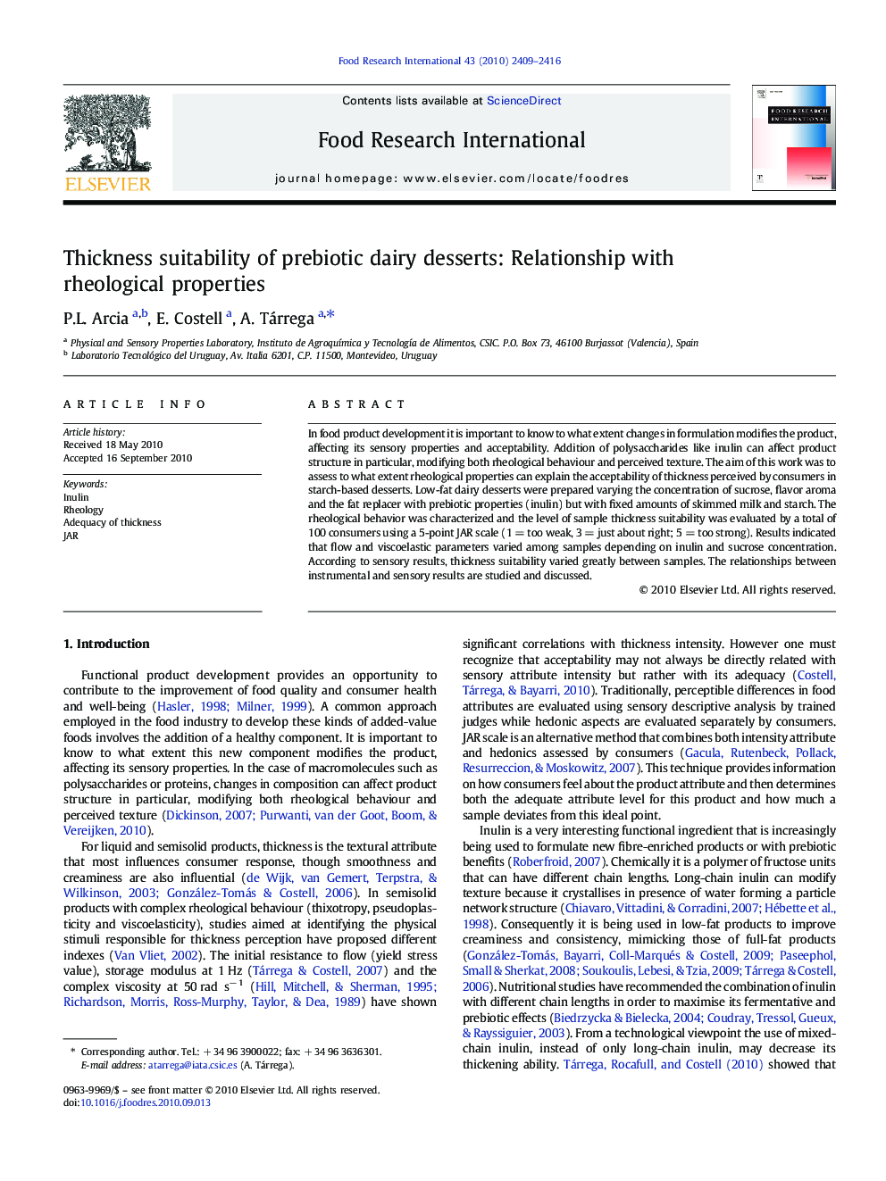 Thickness suitability of prebiotic dairy desserts: Relationship with rheological properties