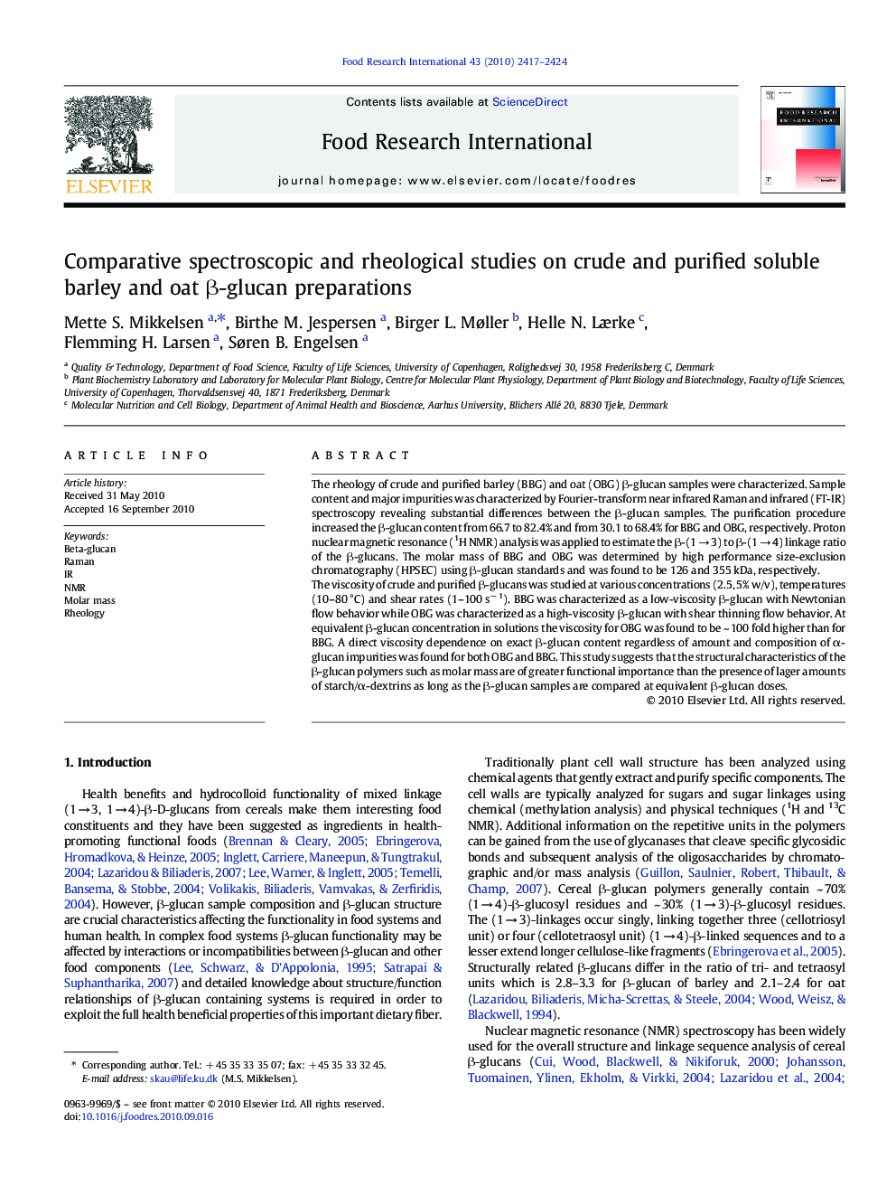 Comparative spectroscopic and rheological studies on crude and purified soluble barley and oat β-glucan preparations