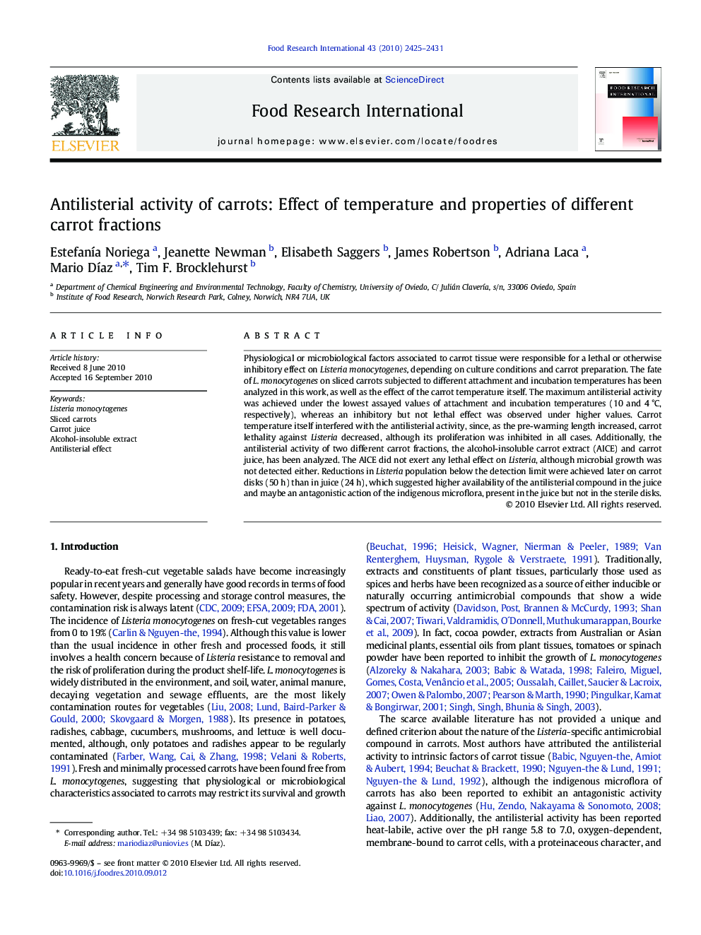 Antilisterial activity of carrots: Effect of temperature and properties of different carrot fractions