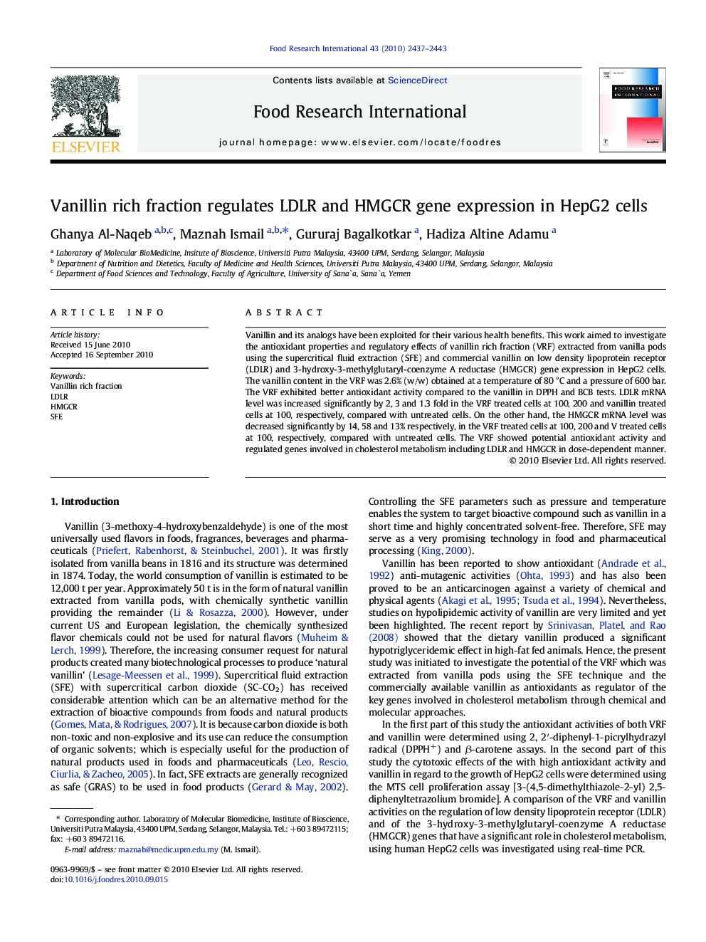 Vanillin rich fraction regulates LDLR and HMGCR gene expression in HepG2 cells