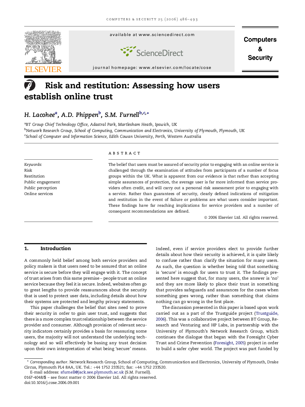 Risk and restitution: Assessing how users establish online trust