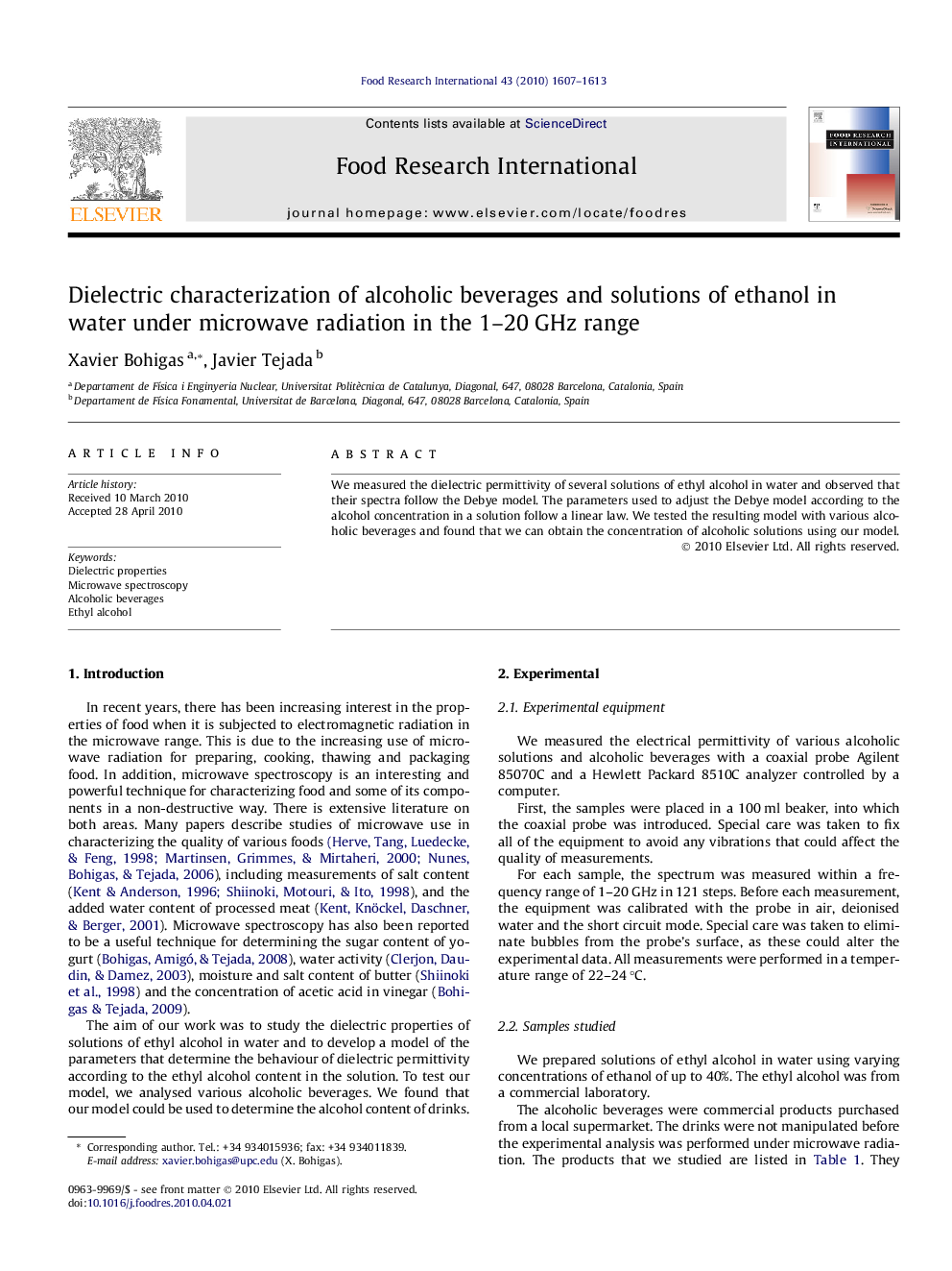 Dielectric characterization of alcoholic beverages and solutions of ethanol in water under microwave radiation in the 1-20Â GHz range